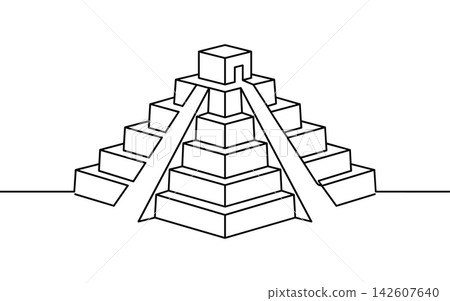 Continuous line drawing of an ancient mayan pyramid temple structure isolated on white background Continuous line drawing of an ancient mayan pyramid temple structure isolated on white background 142607640