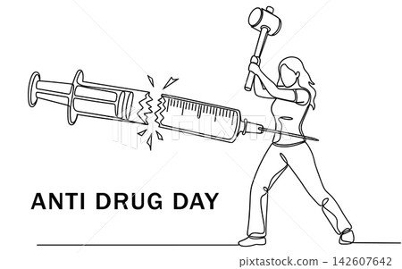 Continuous line drawing of a woman breaking a syringe with a hammer for anti drug day isolated on white background Continuous line drawing of a woman breaking a syringe with a hammer for anti drug day isolated on white background 142607642