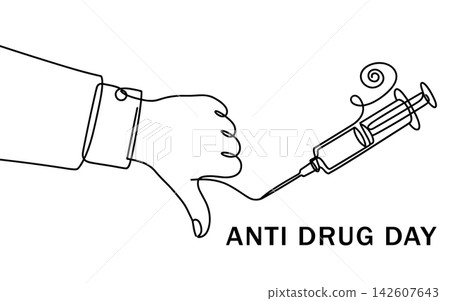 Continuous line drawing of a hand showing a thumbs down gesture towards a syringe, anti drug day concept, isolated on white background Continuous line drawing of a hand showing a thumbs down gesture towards a syringe, anti drug day concept, isolated on white background 142607643