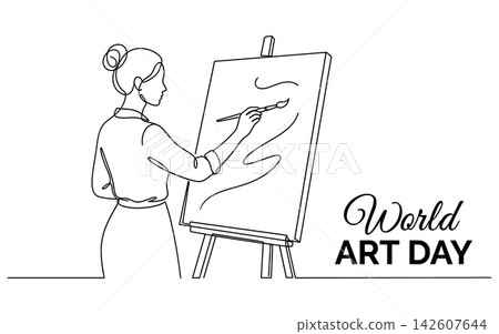 Continuous line drawing of a woman artist painting on a canvas, world art day concept, isolated on white background 142607644