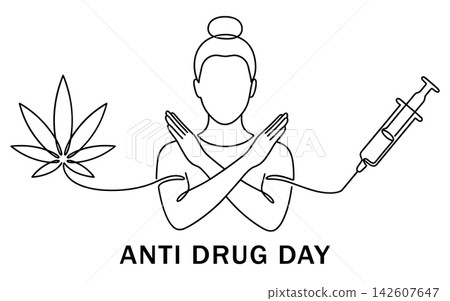 Continuous line drawing of a person crossing arms to reject drugs, anti drug day, isolated on white background Continuous line drawing of a person crossing arms to reject drugs, anti drug day, isolated on white background 142607647
