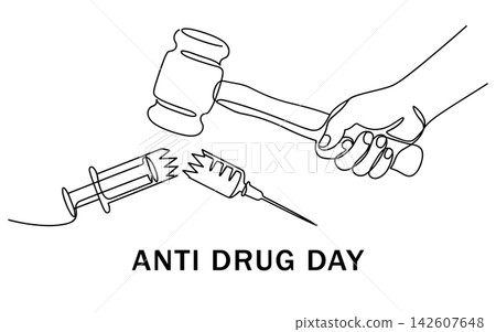 Continuous line drawing of a judge gavel breaking a syringe, anti drug day, isolated on white background Continuous line drawing of a judge gavel breaking a syringe, anti drug day, isolated on white background 142607648