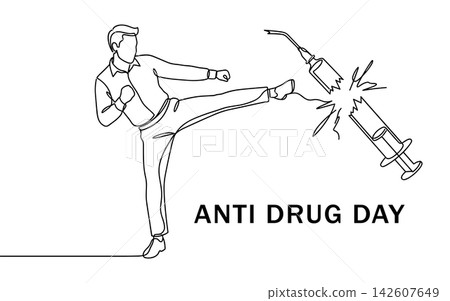 Continuous line drawing of a man kicking a syringe to break it, symbolizing the fight against drug abuse, isolated on white background Continuous line drawing of a man kicking a syringe to break it, symbolizing the fight against drug abuse, isolated on white background 142607649