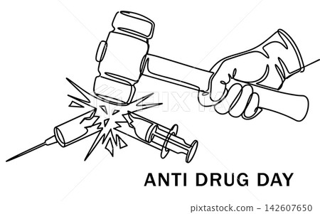 Continuous line drawing of a hand holding a hammer breaking a syringe, symbolizing the fight against drug abuse, isolated on white background Continuous line drawing of a hand holding a hammer breaking a syringe, symbolizing the fight against drug abuse, isolated on white background 142607650