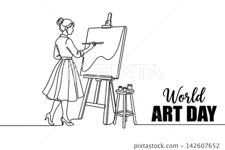 Continuous line drawing of a woman artist painting on a canvas, world art day celebration, isolated on white background Continuous line drawing of a woman artist painting on a canvas, world art day celebration, isolated on white background 142607652
