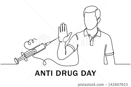Continuous line drawing of a man refusing a drug syringe, anti drug day concept, isolated on white background Continuous line drawing of a man refusing a drug syringe, anti drug day concept, isolated on white background 142607653