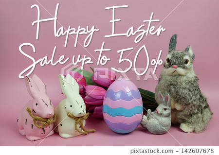 Easter Sale 50% promotion with Easter egg, rabbit and tulip flowers decorations concept on pink background Easter Sale 50% promotion with Easter egg, rabbit and tulip flowers decorations concept on pink background 142607678