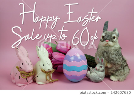 Easter Sale 60% promotion with Easter egg, rabbit and tulip flowers decorations concept on pink background 142607680