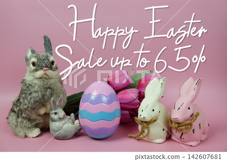 Easter Sale 65% promotion with Easter egg, rabbit and tulip flowers decorations concept on pink background Easter Sale 65% promotion with Easter egg, rabbit and tulip flowers decorations concept on pink background 142607681