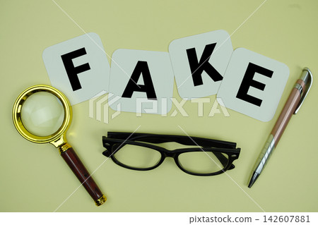 FAKE alphabet letters with magnifying glass, eye glasses and pen on yellow background 142607881