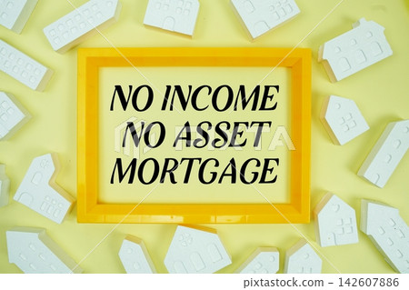 No Income No Asset Mortgage text with house models on yellow background No Income No Asset Mortgage text with house models on yellow background 142607886