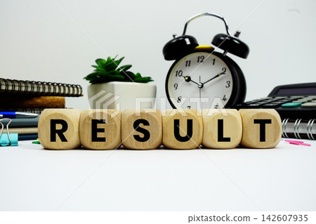 RESULT alphabet letters with alarm clock and calculator on white background RESULT alphabet letters with alarm clock and calculator on white background 142607935