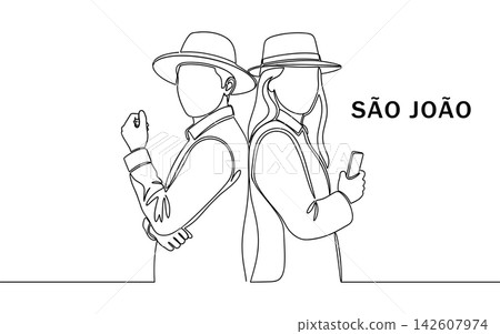 Continuous line drawing of a couple wearing hats back to back, isolated on white background Continuous line drawing of a couple wearing hats back to back, isolated on white background 142607974