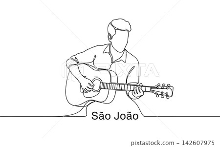 Continuous line drawing of a man playing acoustic guitar, isolated on white background Continuous line drawing of a man playing acoustic guitar, isolated on white background 142607975