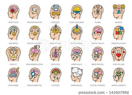 Psychology problem or mental health line vector icons of mindfulness, creativity and positive thinking. Mental health icons of panic attack, conflict, and transformation, balance, and brain process Psychology problem or mental health line vector icons of mindfulness, creativity and positive thinking. Mental health icons of panic attack, conflict, and transformation, balance, and brain process 142607998