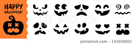 Cartoon Halloween pumpkin scary emotion faces, lantern and ghost characters emoji set. Evil Jack o lantern carving templates, monster emoticons. Happy, sad spooky, funny, expressive party decorations Cartoon Halloween pumpkin scary emotion faces, lantern and ghost characters emoji set. Evil Jack o lantern carving templates, monster emoticons. Happy, sad spooky, funny, expressive party decorations 142608002