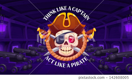 Think like a captain act like a pirate quote with caribbean corsair skull and crossed swords badge. Cartoon skeleton in captain hat and black eye pad with pirate quote at gun deck background Think like a captain act like a pirate quote with caribbean corsair skull and crossed swords badge. Cartoon skeleton in captain hat and black eye pad with pirate quote at gun deck background 142608005