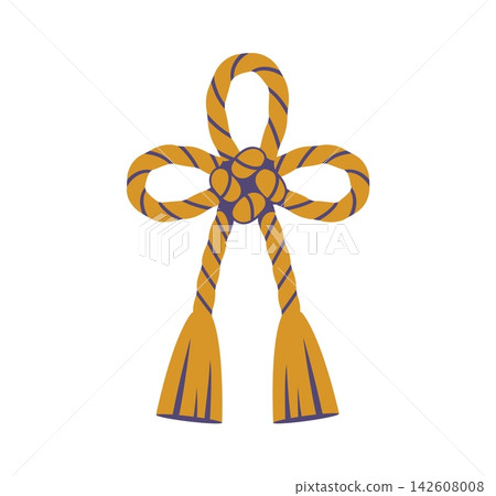 Asian Japanese mizuhiki knot design element, oriental ornament pattern with braided cord loops and twin tassels. Vector traditional Japan symbol for celebration, ceremony, gift wrapping and culture Asian Japanese mizuhiki knot design element, oriental ornament pattern with braided cord loops and twin tassels. Vector traditional Japan symbol for celebration, ceremony, gift wrapping and culture 142608008