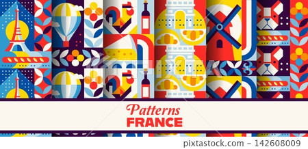 France travel seamless pattern with geometric ornament background. Vector vintage modern Paris culture tile with Eiffel Tower, Arc de Triomphe and windmill, hot air balloon, wine bottle and croissant France travel seamless pattern with geometric ornament background. Vector vintage modern Paris culture tile with Eiffel Tower, Arc de Triomphe and windmill, hot air balloon, wine bottle and croissant 142608009