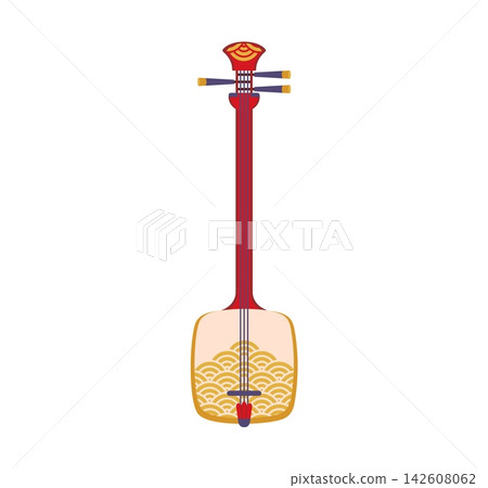 Japanese shamisen with three strings, long neck and traditional seigaiha wave ornament on body. Vector icon of folk musical instrument, Japan culture, traditional music, performance and Asian art 142608062