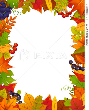 Autumn fall leaves, grapes and berries, seasonal frame background. Cartoon maple, oak and chestnut leaves, autumn harvest season fruit and berries frame borders, Thanksgiving greeting card template Autumn fall leaves, grapes and berries, seasonal frame background. Cartoon maple, oak and chestnut leaves, autumn harvest season fruit and berries frame borders, Thanksgiving greeting card template 142608063