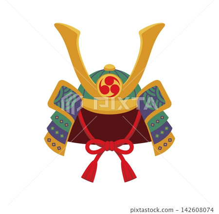 Traditional Japanese samurai helmet kabuto with gold crest red chin cord and decorative side guards. Vector icon of heritage, warrior culture and ceremonial armor from feudal Japan Traditional Japanese samurai helmet kabuto with gold crest red chin cord and decorative side guards. Vector icon of heritage, warrior culture and ceremonial armor from feudal Japan 142608074