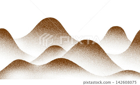 Mountains dot noise grain landscape, grainy hills with spray texture. Vector stipple scenery with halftone particles, abstract rolling mountain range, gradient shadows and textured terrain on white 142608075