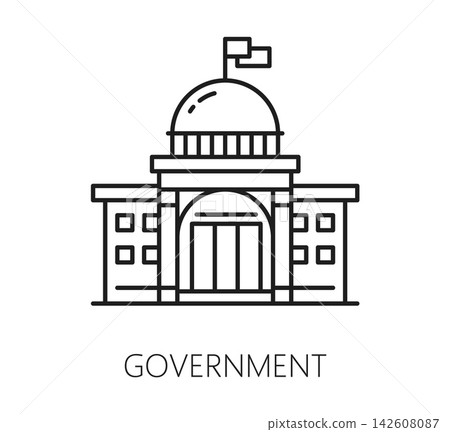 Government building icon of parliament house or Capitol and congress hall pictogram. Government building line icon of state house and council chamber or assembly hall with dome for city architecture 142608087