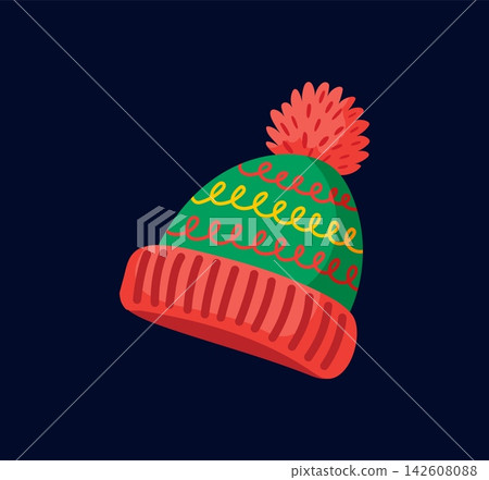 Christmas cartoon warm beanie hat decoration. Happy New Year season isolated decor element, merry Xmas holiday vector object. Winter festive clothing sticker or Christmas holiday cartoon decoration Christmas cartoon warm beanie hat decoration. Happy New Year season isolated decor element, merry Xmas holiday vector object. Winter festive clothing sticker or Christmas holiday cartoon decoration 142608088