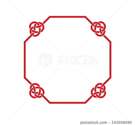 Japanese holiday frame with mizuhiki knots and tassels. Traditional japan holiday red cord border with decorative ume musubi knots. Asian geometric border made of rope lines, blank emblem template Japanese holiday frame with mizuhiki knots and tassels. Traditional japan holiday red cord border with decorative ume musubi knots. Asian geometric border made of rope lines, blank emblem template 142608090