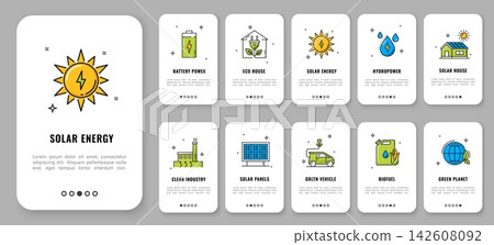Clean green energy mobile app onboarding screen, environment and green technology line icons. Vector solar panels, battery, hydropower, eco house, electric vehicle, biofuel, and renewable energy signs Clean green energy mobile app onboarding screen, environment and green technology line icons. Vector solar panels, battery, hydropower, eco house, electric vehicle, biofuel, and renewable energy signs 142608092