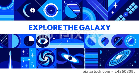 Galaxy space explore poster with mosaic geometric universe pattern borders. Abstract modern shapes background of rocket, planets and stars, galaxy explore satellite, moon and black hole pattern Galaxy space explore poster with mosaic geometric universe pattern borders. Abstract modern shapes background of rocket, planets and stars, galaxy explore satellite, moon and black hole pattern 142608093