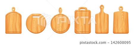 Cartoon wooden kitchen chopping board or cutting board utensil of wood blocks. Chopping board icons for cooking and food preparation, cutting boards with tree texture in different shapes with handles Cartoon wooden kitchen chopping board or cutting board utensil of wood blocks. Chopping board icons for cooking and food preparation, cutting boards with tree texture in different shapes with handles 142608095