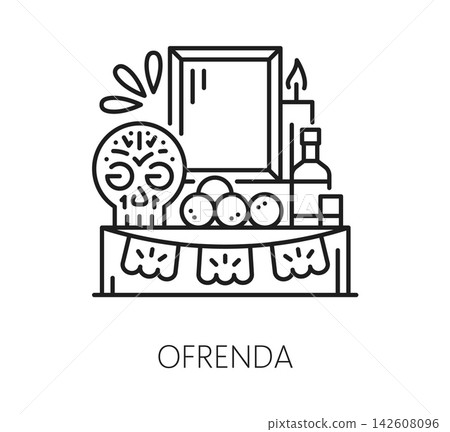 Ofrenda altar icon for Mexican Day of the Dead or Dia De Los Muertos holiday symbol. Ofrenda altar with calavera sugar skull, candles and papel picado decoration for Mexican Day of the Dead tradition Ofrenda altar icon for Mexican Day of the Dead or Dia De Los Muertos holiday symbol. Ofrenda altar with calavera sugar skull, candles and papel picado decoration for Mexican Day of the Dead tradition 142608096