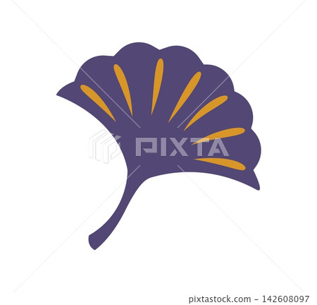 Asian Japanese ginkgo leaf design element, oriental botanical ornament with fan shaped form and golden veins. Vector traditional Japan pattern for autumn, nature, culture, festival and seasonal decor Asian Japanese ginkgo leaf design element, oriental botanical ornament with fan shaped form and golden veins. Vector traditional Japan pattern for autumn, nature, culture, festival and seasonal decor 142608097