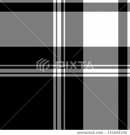 Printing check plaid fabric, machinery seamless tartan texture. Indoor vector textile background pattern in black and white colors. 142608108