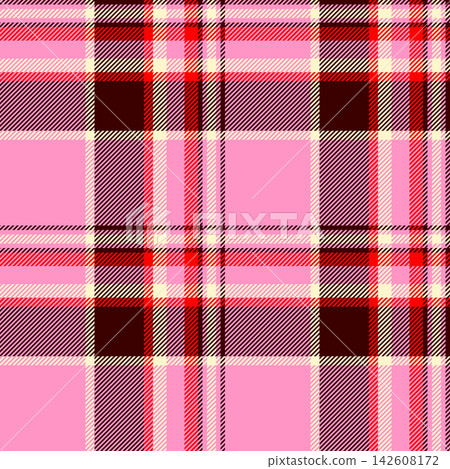 Girly tartan check seamless, warmth fabric background pattern. Tracery texture vector textile plaid in pink and dark colors. Girly tartan check seamless, warmth fabric background pattern. Tracery texture vector textile plaid in pink and dark colors. 142608172