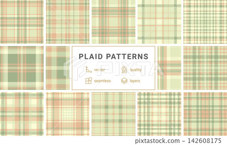 Elegant pastel tartan seamless pattern in peach and sage green. A classic geometric check design perfect for cozy textiles, apparel, stationery, and springthemed creative projects. 142608175