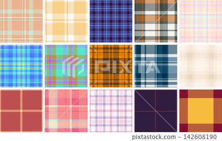 Retro plaid pattern set inspired by traditional fabric design. Seamless vector backgrounds perfect for fashion branding, planners, and digital paper. Retro plaid pattern set inspired by traditional fabric design. Seamless vector backgrounds perfect for fashion branding, planners, and digital paper. 142608190