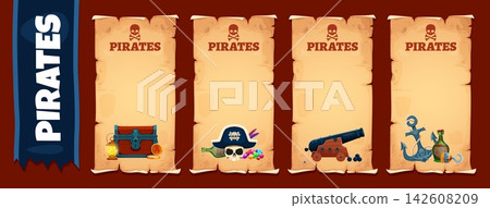 Old paper scroll pirate and corsair banners with cartoon treasure chest, captain skull in tricorn hat and ship anchor. Pirate treasure gold and gems, hook, cannon and rum scroll banners with torn edge Old paper scroll pirate and corsair banners with cartoon treasure chest, captain skull in tricorn hat and ship anchor. Pirate treasure gold and gems, hook, cannon and rum scroll banners with torn edge 142608209
