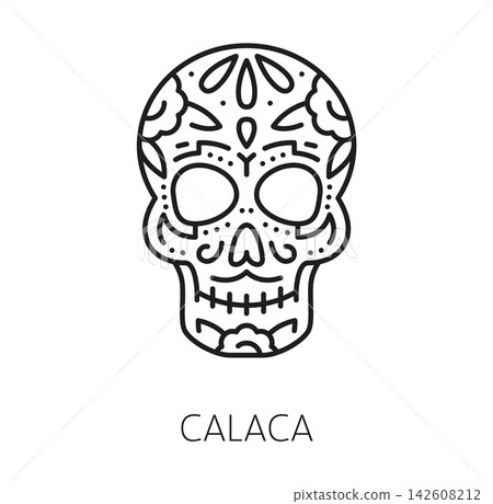 Mexican calaca skull icon for Day of the Dead holiday or Dia De Los Muertos symbol. Calavera sugar skull for Mexico celebration festival of skeleton head with flowers ornament for fiesta decoration 142608212