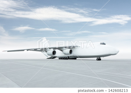 Unloading white big heavy freight aircraft. The rear cargo compartment is open Unloading white big heavy freight aircraft. The rear cargo compartment is open 142608213