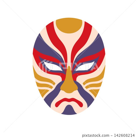 Japanese kabuki theater mask with red, purple and golden face makeup pattern. Vector icon of traditional Japan performing art, actor costume, cultural symbol, travel, holiday and Asian tradition 142608214