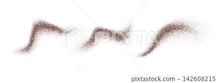 Coffee or pepper powder waves with thousands of fine particles. Brown powder with soft textured curves and scattered edges for food packaging, coffee advertising, spice products and culinary blogs Coffee or pepper powder waves with thousands of fine particles. Brown powder with soft textured curves and scattered edges for food packaging, coffee advertising, spice products and culinary blogs 142608215