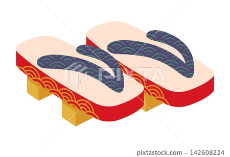 Japanese geta sandals with traditional wave ornament, wooden sole and thong strap. Vector icon of Japanese clogs footwear, symbol of Japan travel, culture, holiday, clothing and Asian tradition Japanese geta sandals with traditional wave ornament, wooden sole and thong strap. Vector icon of Japanese clogs footwear, symbol of Japan travel, culture, holiday, clothing and Asian tradition 142608224