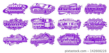 Retro Y2K computer technology elements and icons of digital tech, vector sign. Y2K retro icon of internet page 404 error and pixel labels of PC CD disc and floppy disk or computer data loading Retro Y2K computer technology elements and icons of digital tech, vector sign. Y2K retro icon of internet page 404 error and pixel labels of PC CD disc and floppy disk or computer data loading 142608228