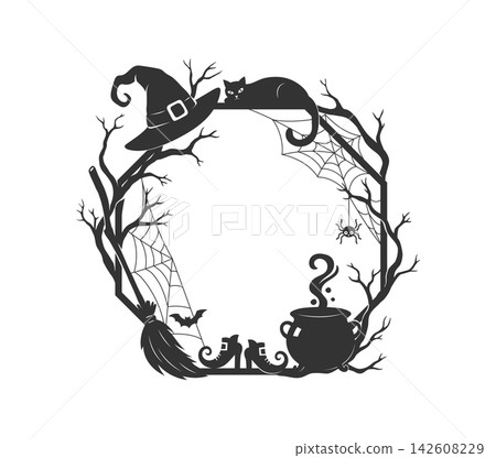 Halloween silhouette frame with bare branches, witch hat and black cat. Black scary border with bubbling cauldron, spider webs and flying bat for Halloween party invitations and social media posts Halloween silhouette frame with bare branches, witch hat and black cat. Black scary border with bubbling cauldron, spider webs and flying bat for Halloween party invitations and social media posts 142608229