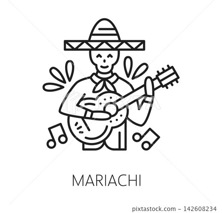 Mariachi icon for Mexican Day of the Dead or Dia De Los Muertos holiday symbol. Mariachi man with Calavera sugar skull in sombrero with guitar in line icon for Mexican Day of the Dead festival music Mariachi icon for Mexican Day of the Dead or Dia De Los Muertos holiday symbol. Mariachi man with Calavera sugar skull in sombrero with guitar in line icon for Mexican Day of the Dead festival music 142608234