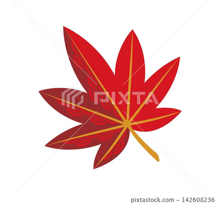 Japanese red maple leaf with traditional seigaiha wave ornament and golden veins. Vector icon of autumn foliage, Japan nature, seasonal culture, fall decoration, travel symbol and Asian tradition Japanese red maple leaf with traditional seigaiha wave ornament and golden veins. Vector icon of autumn foliage, Japan nature, seasonal culture, fall decoration, travel symbol and Asian tradition 142608236