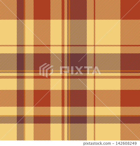 Rough texture plaid seamless, creativity fabric vector textile. Greeting tartan check background pattern in red and amber colors. Rough texture plaid seamless, creativity fabric vector textile. Greeting tartan check background pattern in red and amber colors. 142608249